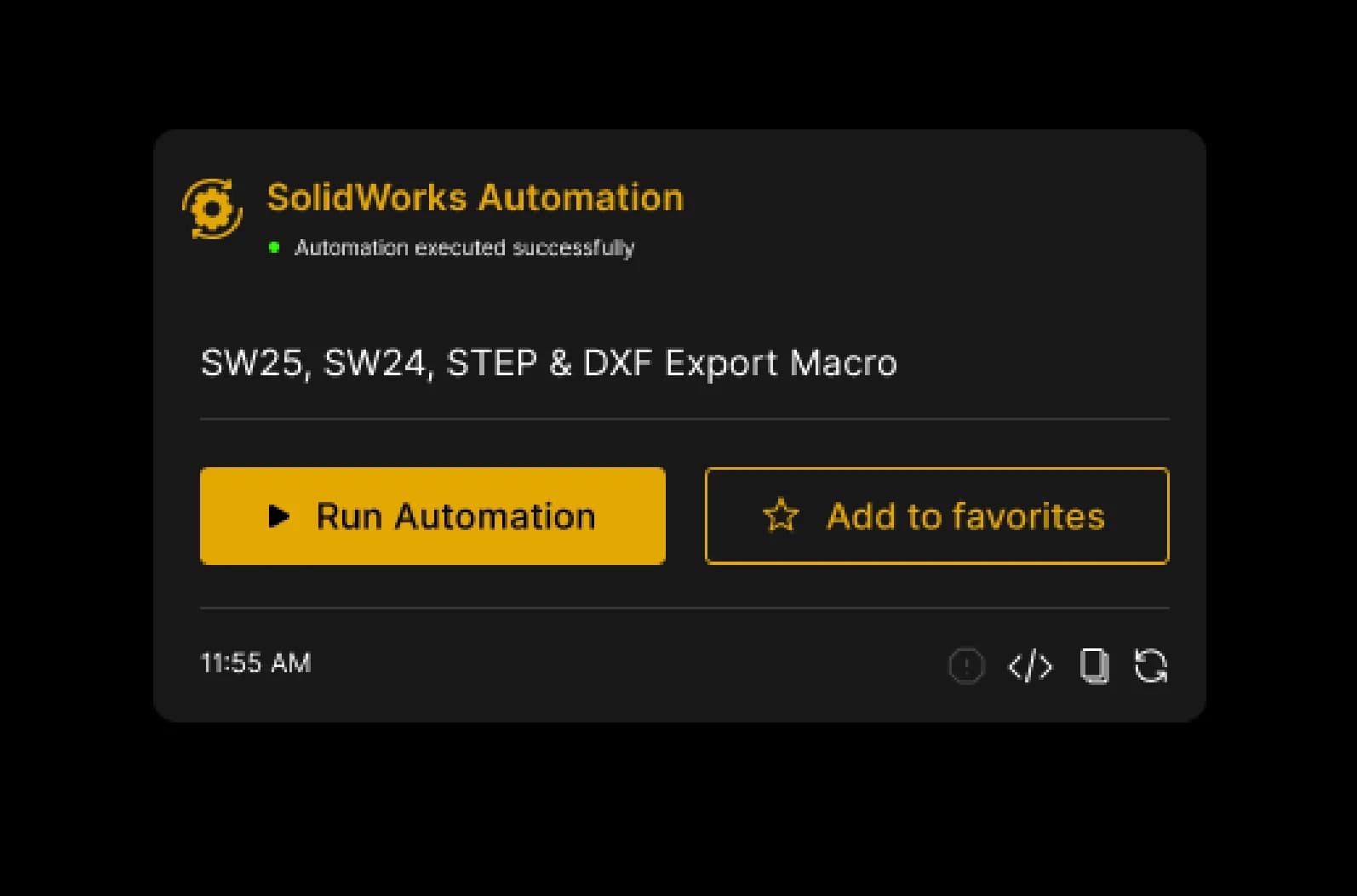 La tarjeta SolidWorks Automation con Run Automation y Add to favorites