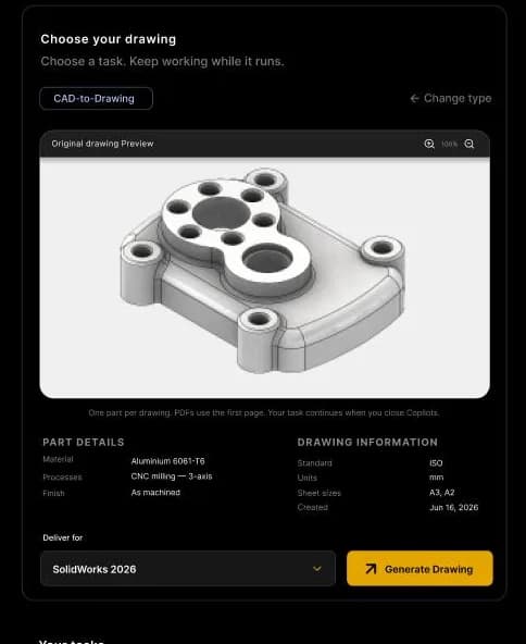 CAD-to-Drawing: detalles de la pieza, información del plano y Generate Drawing