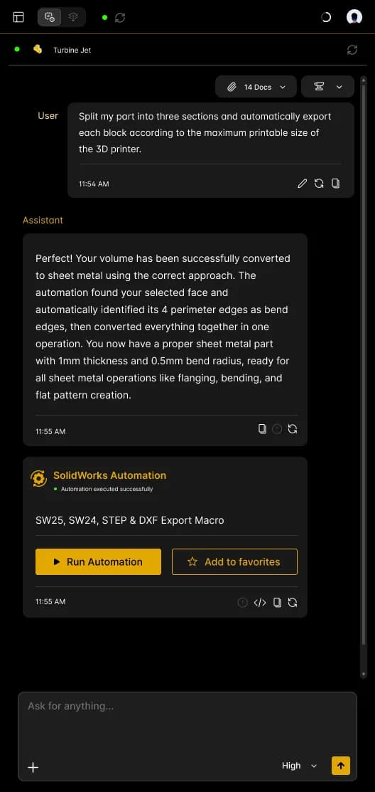 Una conversación con el agente CAD con una tarjeta de automatización