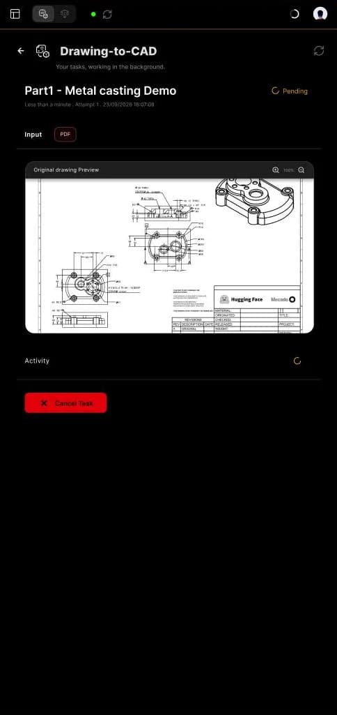 Drawing-to-CAD, paso 3: la tarea está pendiente