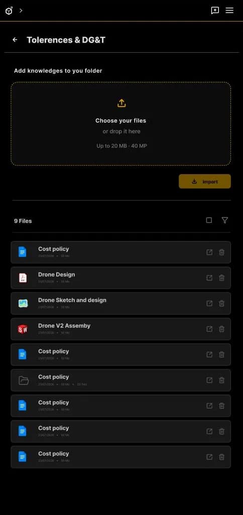 Una carpeta de conocimientos: zona para soltar archivos y lista de archivos