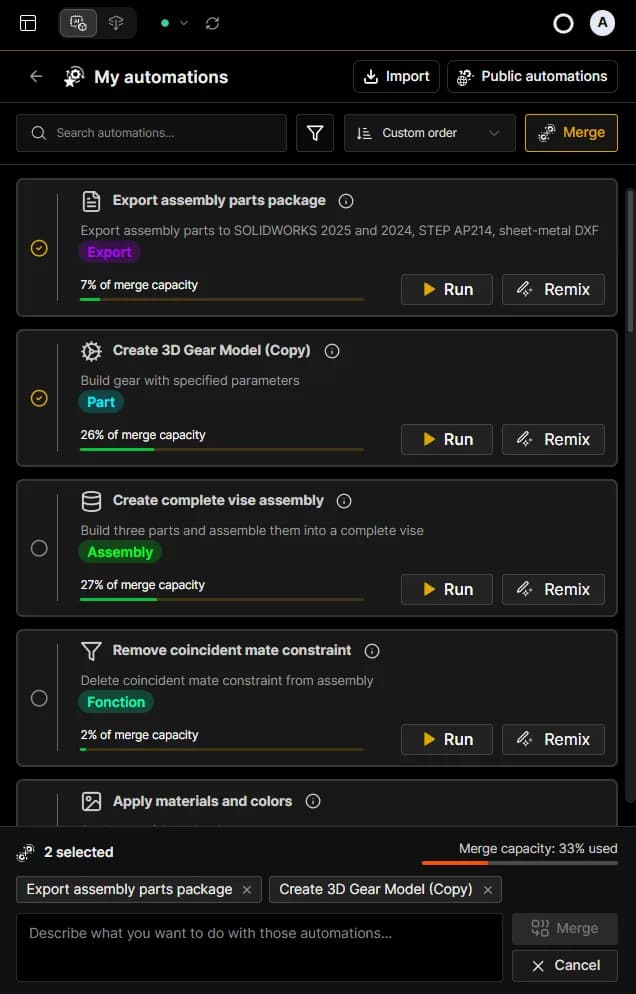 My automations: la lista de macros guardadas, con Run y Remix