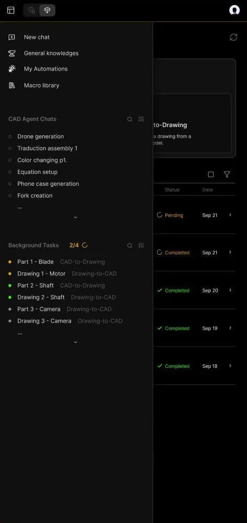 El panel lateral: chat nuevo, conocimientos, automatizaciones, chats y tareas en segundo plano